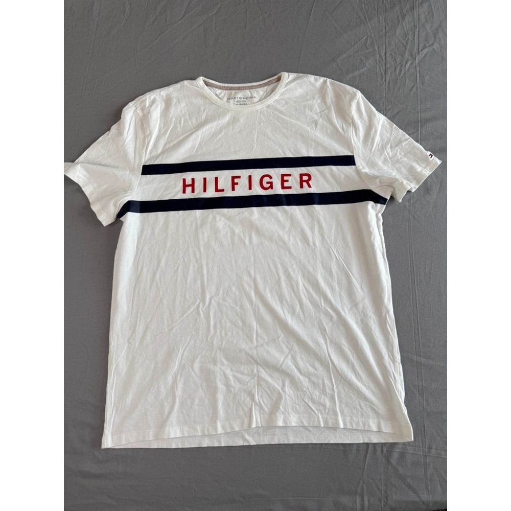 Tommy Hilfiger Mens T-shirt XL White with Large Spell Out Strip